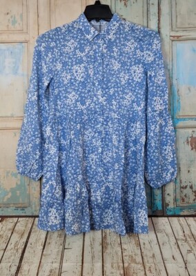 Stradivarius Womens Small Blue Floral Bishop Sleeve Ruffle Hem Mini Shirt  Dress | eBay
