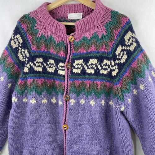 VTG Wool Cardigan Button Sweater Colorful Nordic Cowichan Style Ecuadorian Sz L - Picture 2 of 9