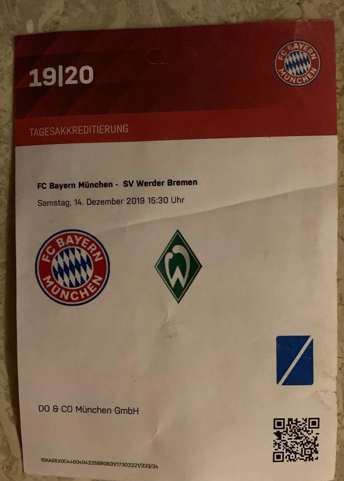 Used Sammler Ticket FC Bayern München vs Werder Bremen BL 14.12.19 Arbeitskarte - Bild 1 von 1