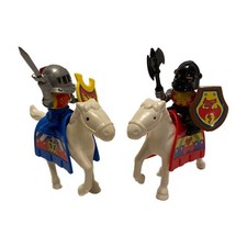 2 Medieval Knights on White Horses with Weapons and Shields Hard Plastic Vintage