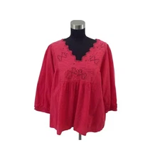 CROWN & IVY Pink Cutwork Detail Scalloped Neckline Shirt Top Sz L