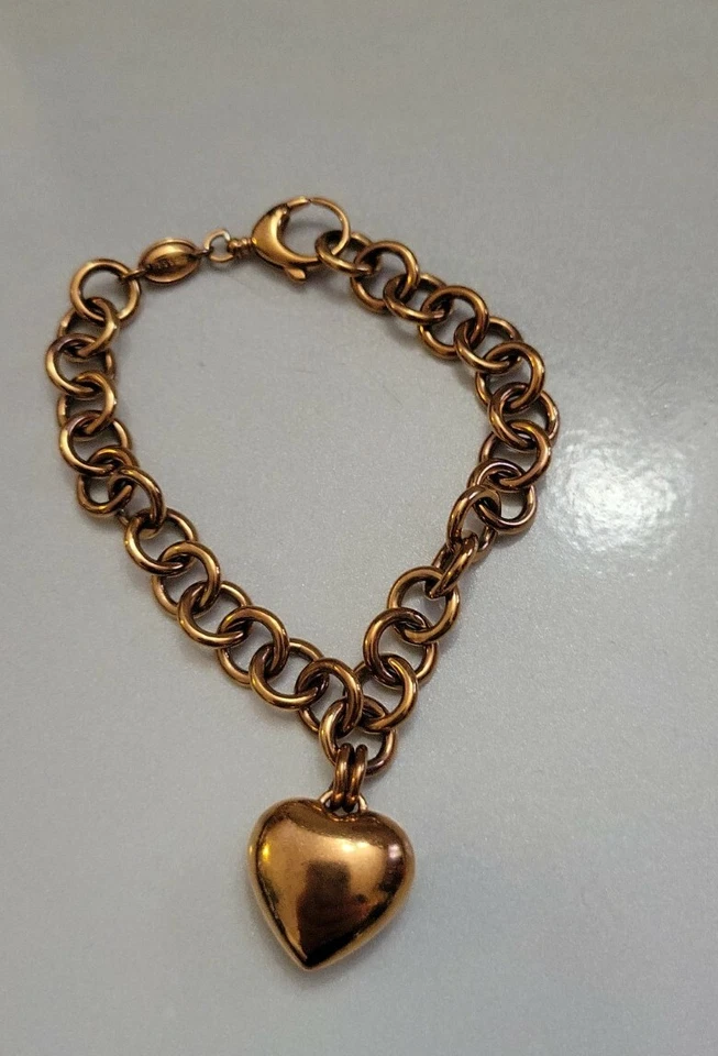 Pulsera colgante corazón hinchado de acero inoxidable de plata pulida con joyería fósil Foto 2 de 4