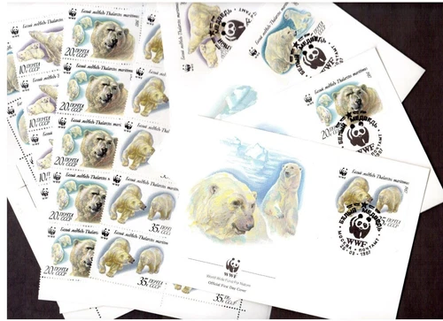 1987 RUSSIA World Wildlife Fund Polar Bears Stamps with 4 FDC's  # 5541-5544