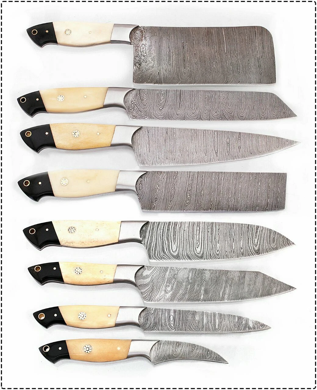 Custom Made Damascus Steel 8 Pcs of Professional Utility Chef Kitchen Knife Set