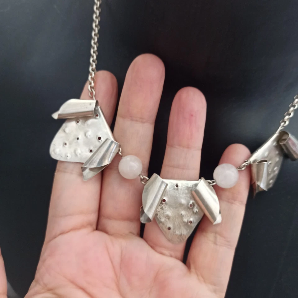 Handmade Silver Necklace Brutalist Modernist Sculptural OOAK Pink Stone 925 Gift - Image 3 of 4