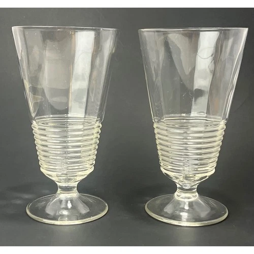 Pair VTG Clear Federal 145 Footed Tea Glass Optic Ripple Depression Era 6.5"