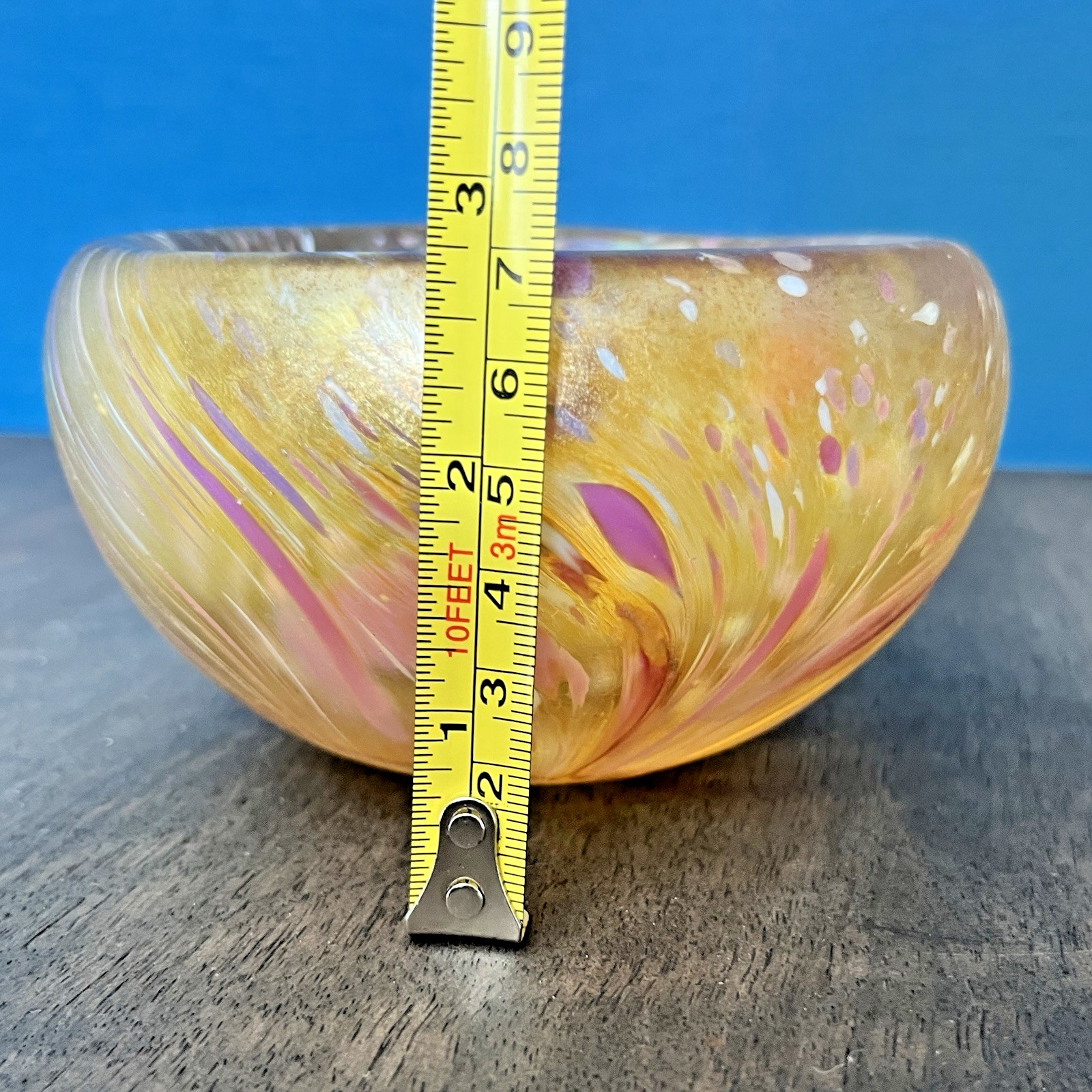 Vintage Iridescent Art Glass Bowl – Hand Blown Studio Glass Swirl Bowl Gold Pink image 9