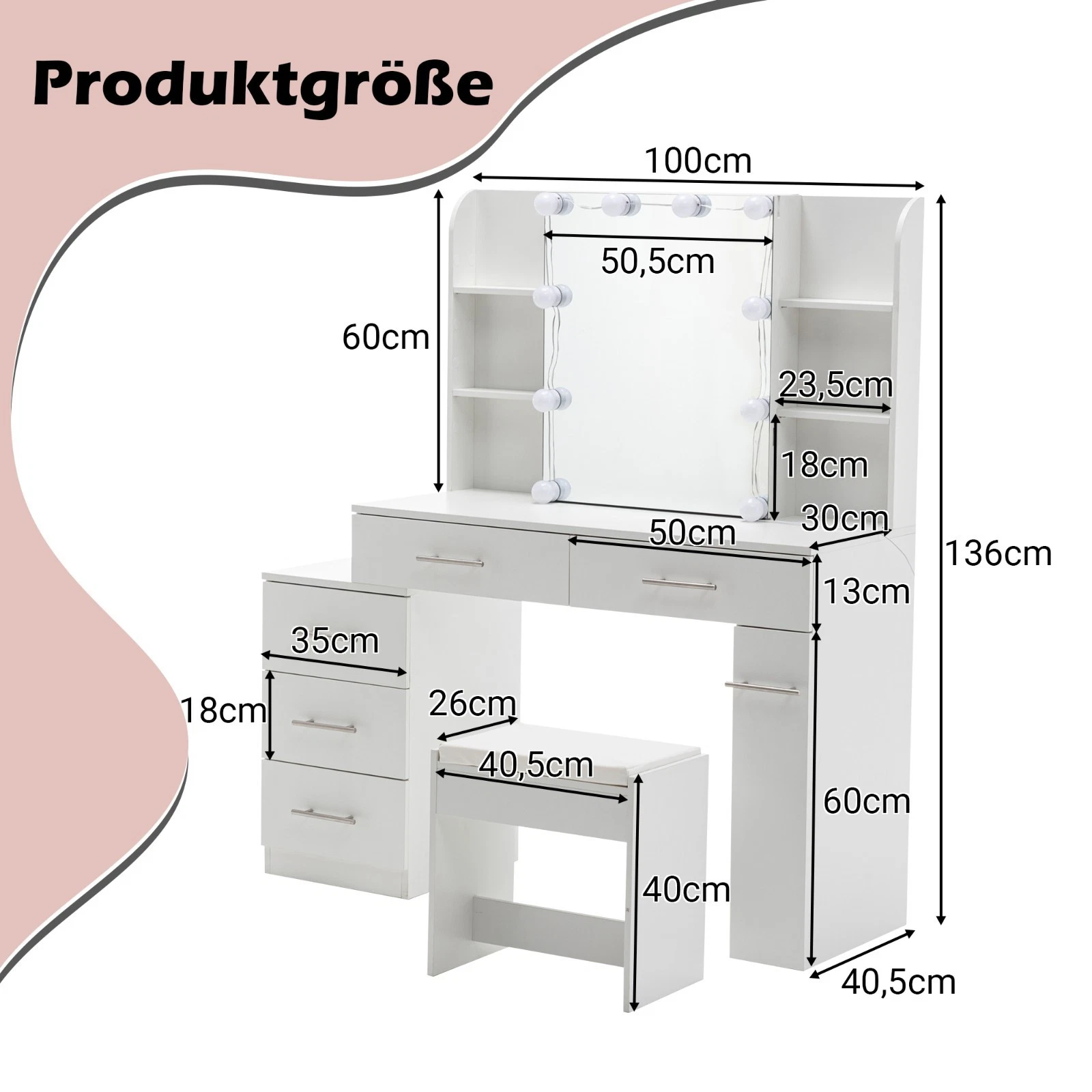 Vicco Schminktisch Thalia Weiß 100 Cm Mit LED Beleuchtung Und