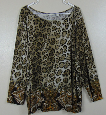 Susan Graver Printed Liquid Knit Long Sleeve Top Womens 3X Leopard Stretch Plus