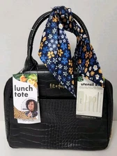 NEW Fit & Fresh Lunch Tote with Handle, Travel Utensils and Scarf-Black