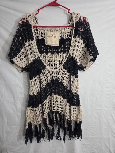 Vintage Hollister Crochet Poncho Sweater Sz XS Y2K Blue/Cream Preppy Mallcore