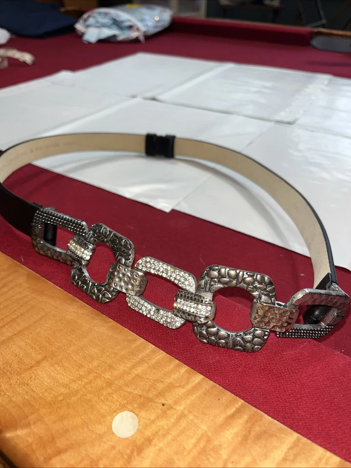 "Cinturón de cadena cuadrada plateada Chico's ENLACE estrás 24-37"" ajustable CUERO NEGRO" Foto 3 de 4