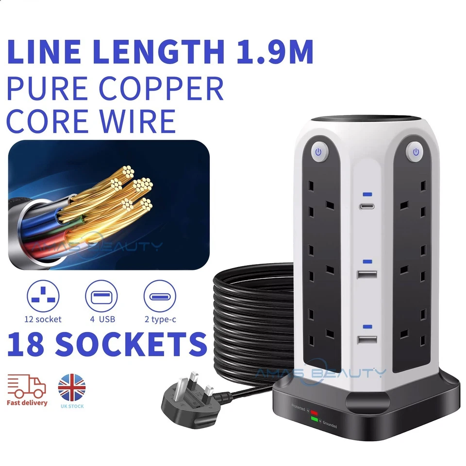 Extension 12 Way Tower Power Lead USB Multi Socket Surge Protected Socket UK - Image 2 of 4
