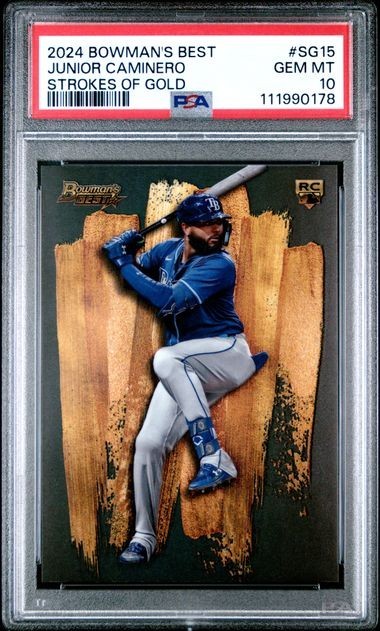 Junior Caminero Strokes of Gold SSP RC 2024 Bowman's Best🔥PSA 10🔥POP 15🔥GEM