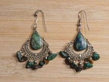 Unique Artisan Boho Dangle Silver-Tone Wire Hook Earrings Green & Brown Stones