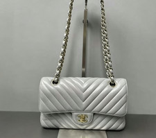 AUTH Chanel Classic Double Flap Grey Chevron Lambskin Chain Shoulder Bag