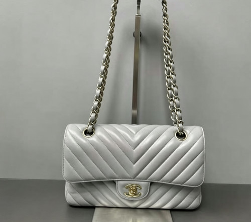 AUTH Chanel Classic Double Flap Grey Chevron Lambskin Chain Shoulder Bag