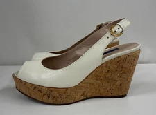 Stuart Weitzman White Leather Cork Wedge Slingback Shoes SZ 7