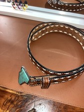 Angel Ranch Hand Tooled Genuine Leather Belt With Turquoise Buckle Angel Ranch Hand Tooled Genuine Leather Belt With Turquoise Buckle