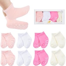 8 Pairs Baby Socks with Grips Cotton Non Slip Walking Socks 0-6 Months Pink