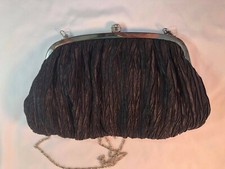NEIMAN MARCUS BLACK RUCHE EVENING BAG WITH RHINESTONE CLASP SILVER CHAIN SHOUL