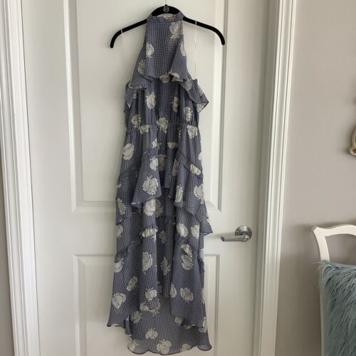 MISA Los Angeles ANCA Midi Dress Floral Print Navy/Ivory Halter Size Large NTSF