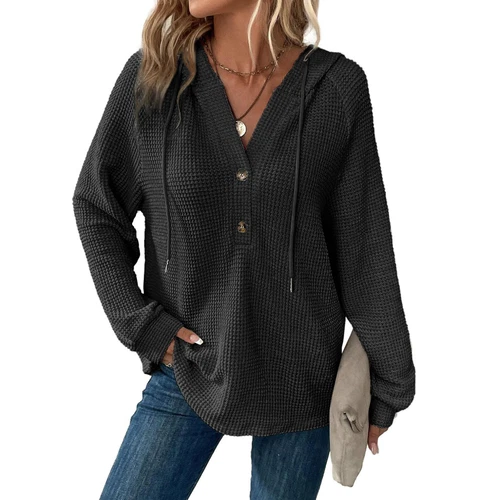 Women's hooded waffle knit button V-neck long sleeved sweater sweatshirt top-