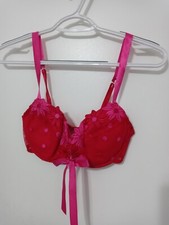Frederick's Of Hollywood Red Barbie Pink EMB.Floral Lace Satin Push Up Bra 34C