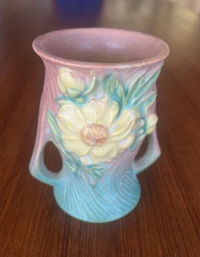 ROSEVILLE POTTERY PEONY VASE 57-4 Yellow Flower, Pink & Green base - vintage