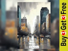 Rainy City Street, Impressionistic Impasto Painting Print 5"x7" on Matte Paper