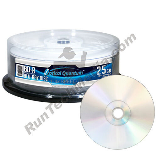 25 Optical Quantum 4x 25GB Blue Blu-ray BD-R Shiny Silver Blank Discs OQBDR04NPS