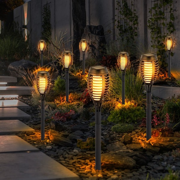 Solarfackel Steckleuchten AußEnlampe Led Feuereffekt Balkonlampe Schwarz 8Er Set-image