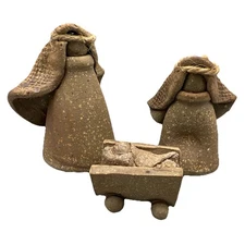 Handmade Vtg Christmas Nativity 4pc Clay Mary Baby Jesus Joseph Manger Rustic