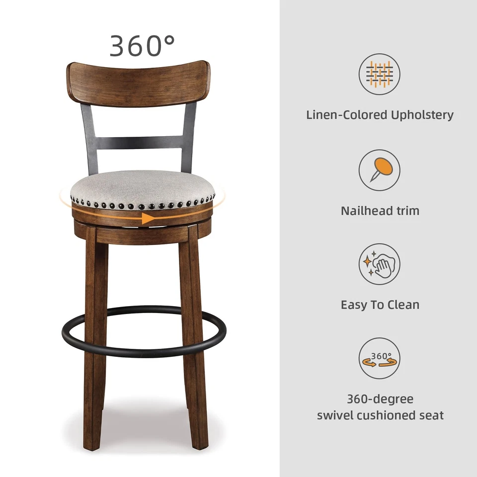 Valebeck | Taburete de bar giratorio de altura de pub de granja de 30′′ con respaldo - Tapizado C... Foto 2 de 4