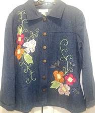 Vtg Women  s Medium Embroidered Denim Jacket Floral Bee Boho Cottagecore Cotton