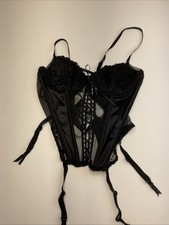 Vtg Black Satin Lingerie Set Medium Corset Bustier Garter Thong Stockings NWOT