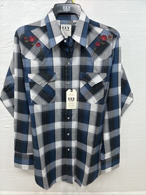 New Emma ELY Cattleman Blue Gray Plaid Long Sleeve Pearl Snap Large AA-16