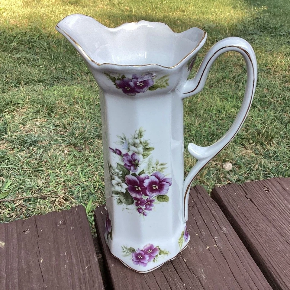 Vintage Ceramic Pitcher Floral Design Gold Trim For Display Only - Image 2 of 4