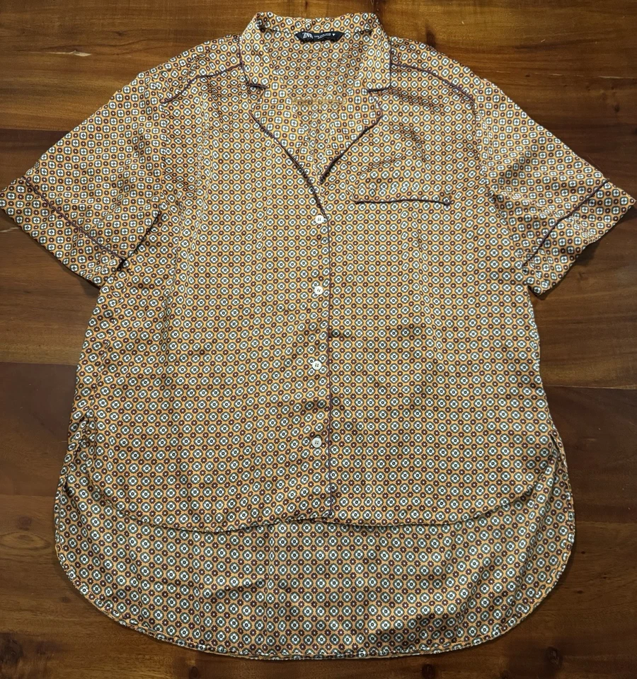 ZARA Mujer Naranja Efecto Satén Abotonado Manga Corta Túnica Camisa Alta-Baja Talla M Foto 2 de 4