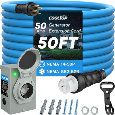 COOLTOP 50 Amp Generator Cord and Power Inlet Box Kit, 50FT Extension Cable STW 
