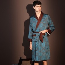 Men's Satin Kimono Robe Long Sleeve Printed Bathrobe Lounge Sleepwear