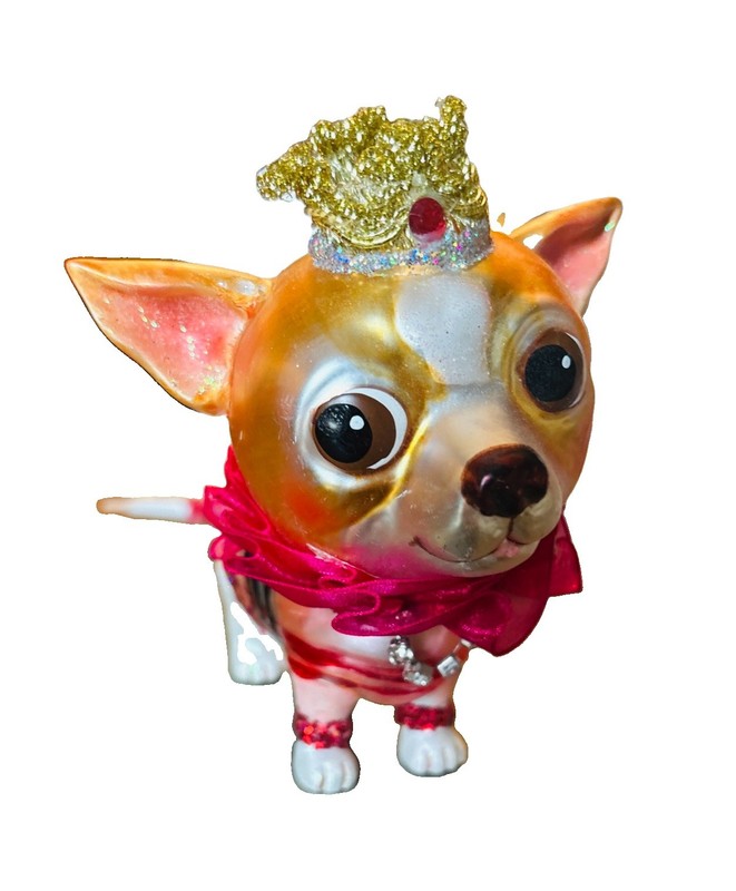 CHIHUAHUA Large Glass Ornament Glitter Painted Diva Dog Party Birthday Hat Glam