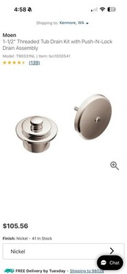 Moen 1-1/2'' Threaded Tub Drain Kit with Push-N-Lock Drain Assembly T90331NL