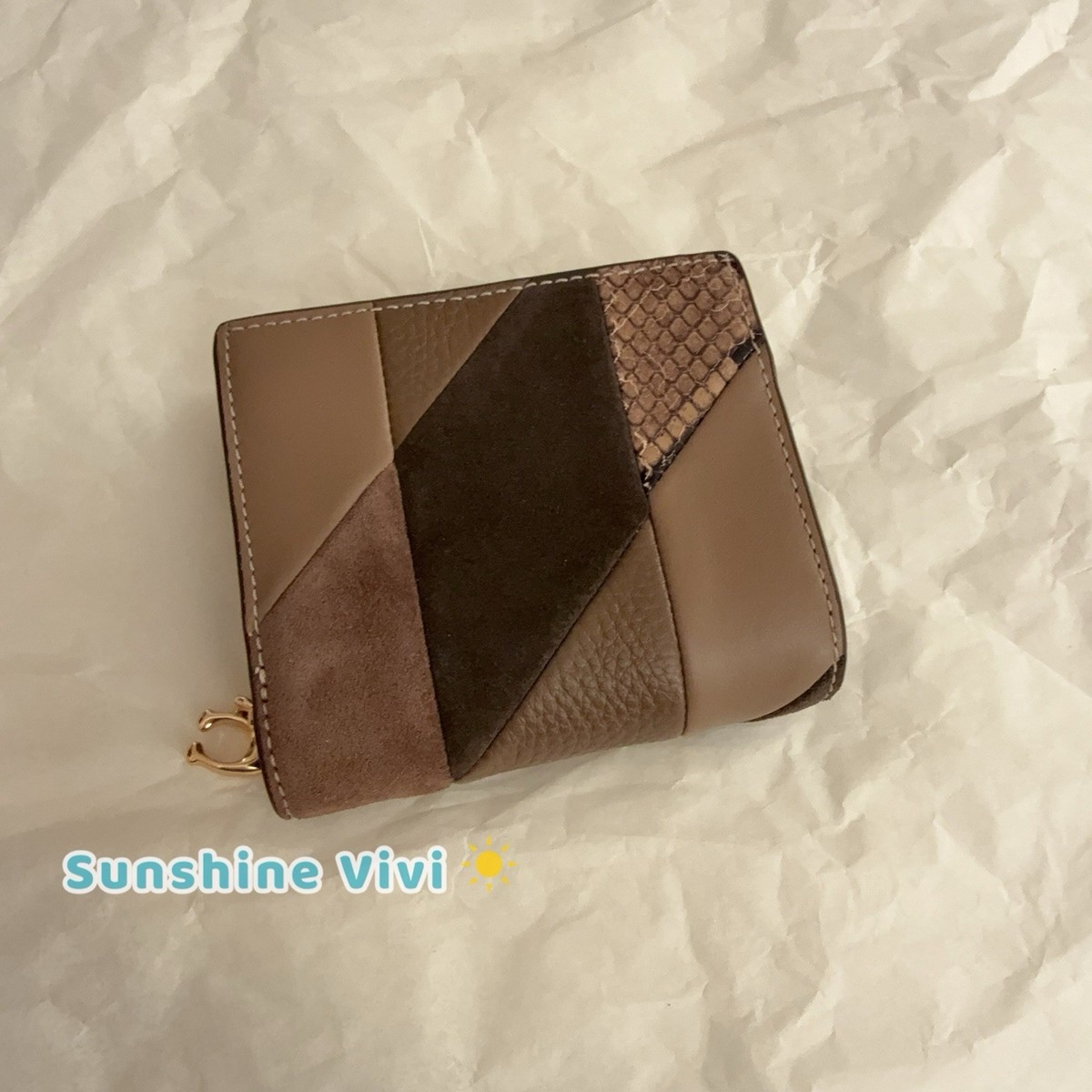 COACH Snap Wallet W/ Patchwork & Snake Print Leather/Suede/Leather