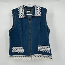 Womens Cottagecore Denim Lace Upcycled Vest Size 10 Vintage Boho FLAW
