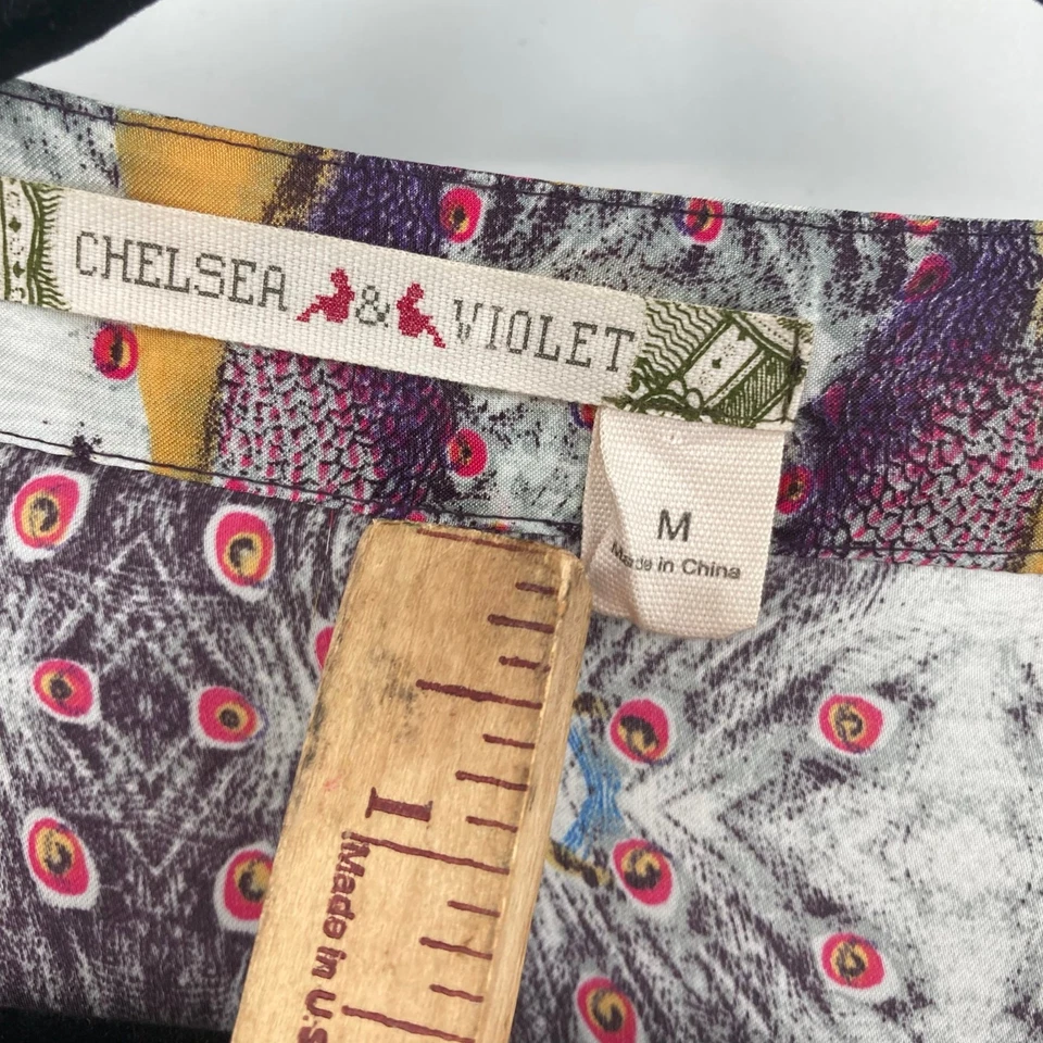 Chelsea & Violet Peacock Print Satin Belted Shirt Dress Arsty Festival Medium  - Image 4 of 4