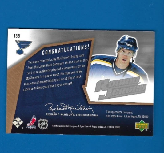 2005-06 SPx Rookie Jersey Jay McClement Patch 1785/1999 RC, St. Louis Blues #135 - Image 2 of 2