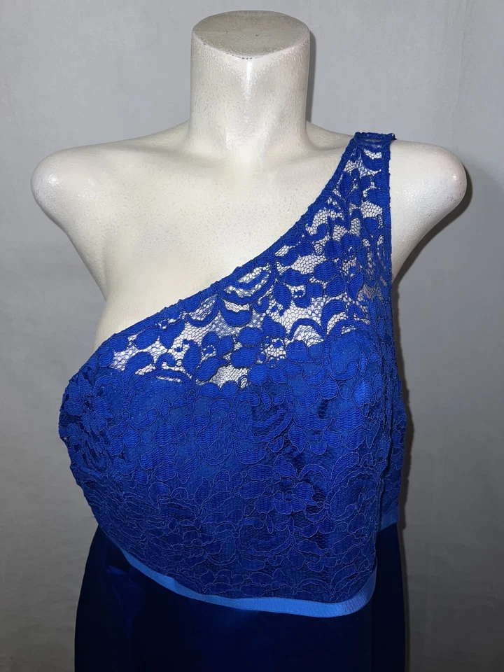 全新 Davids 新娘 16 码地平线蓝色长单肩蕾丝伴娘礼服 — 第 2/4 张图片