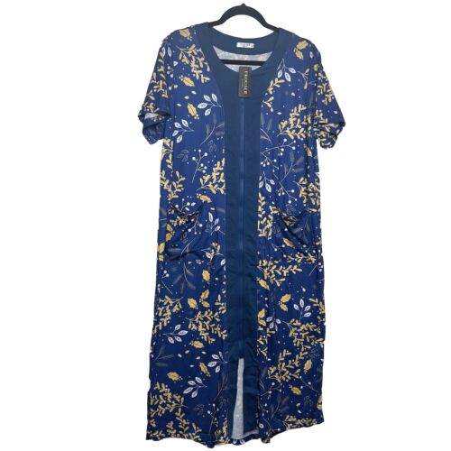 Ekouear Women's Night Gown Blue Floral Size Medium Short Sleeve Long Length