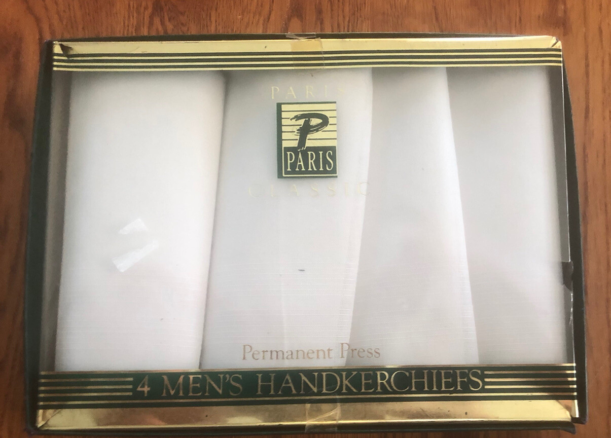 Paris Classic 4 Men's Permanent Press White Handkerchiefs Damaged Box
